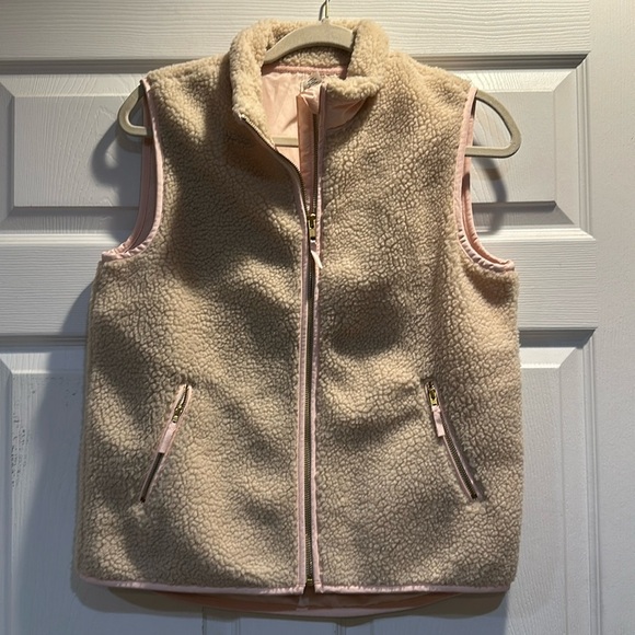 Crewcuts Tan Sherpa Fleece Zip Front Winter Vest 14 Pink Trim - Picture 1 of 6